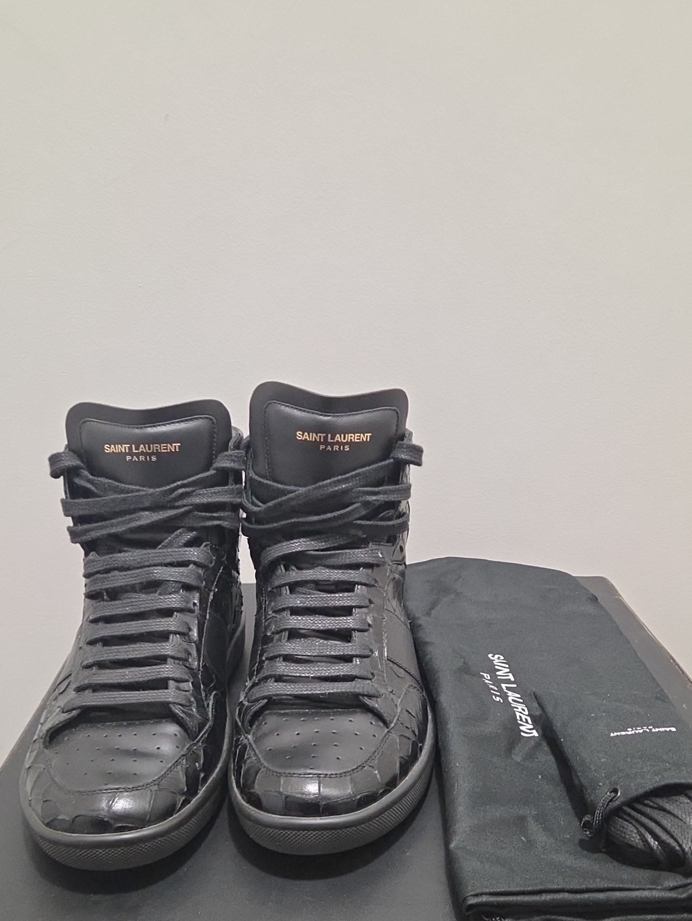 Saint Laurent Black Croc Embossed High-Top Sneakers w/Logo Tongue, Mens Size 39